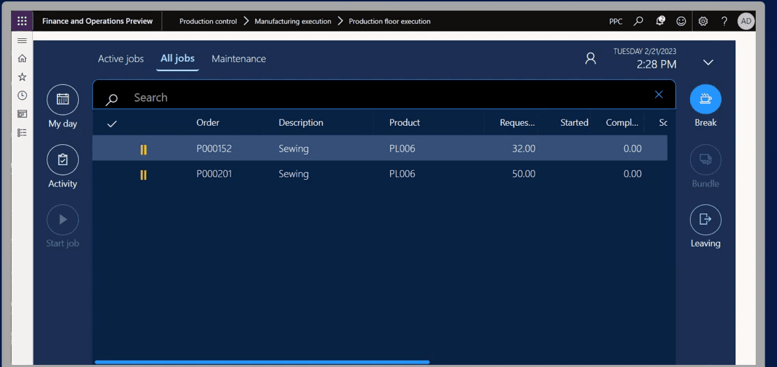 Dynamics 365 Manufacturing production floor execution screen showing active sewing jobs