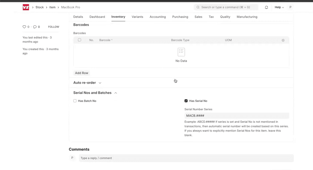 ERPNext item master Inventory tab configuring serial number tracking for a product