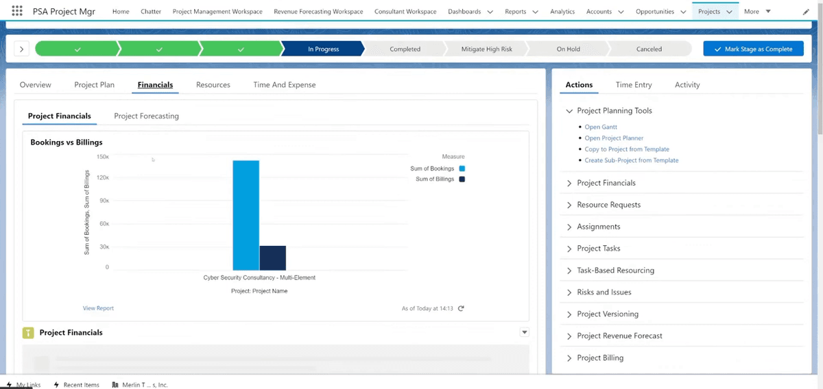 Certinia FinancialForce PSA project financials tab comparing bookings versus billings