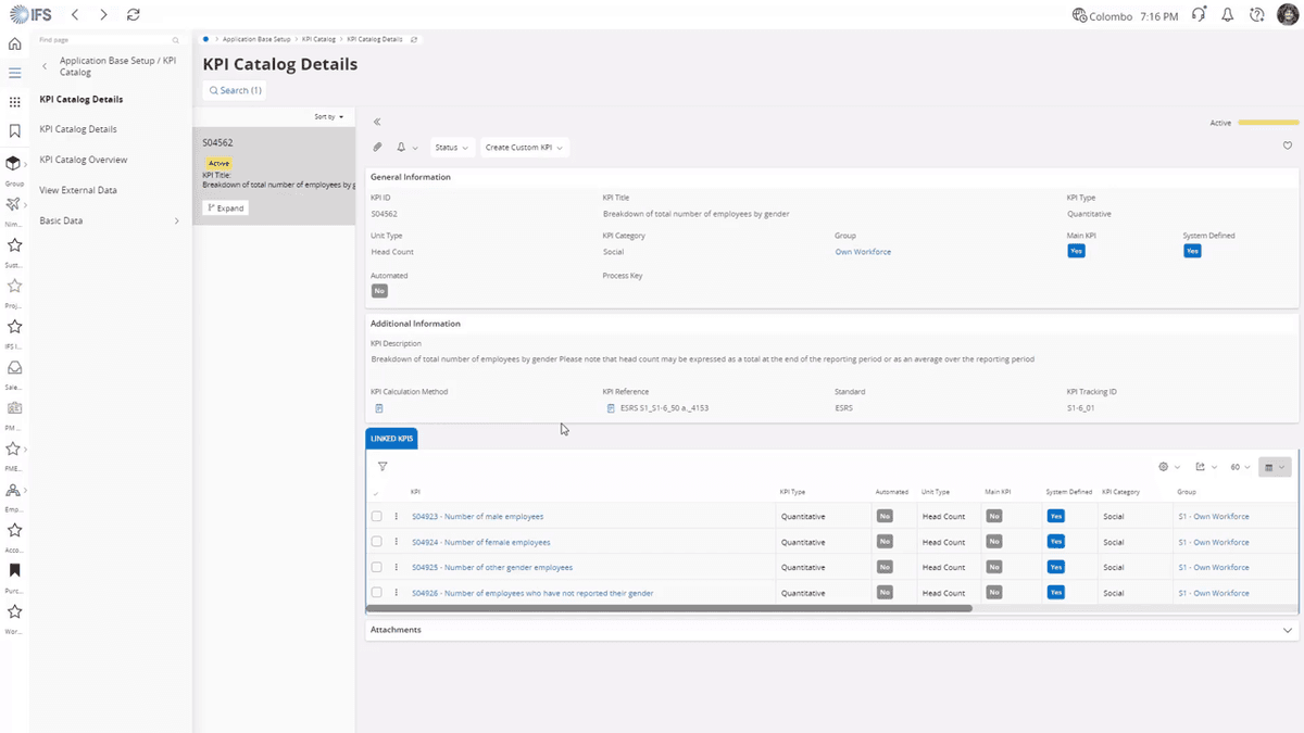 IFS Cloud KPI catalog details showing linked sustainability workforce metrics