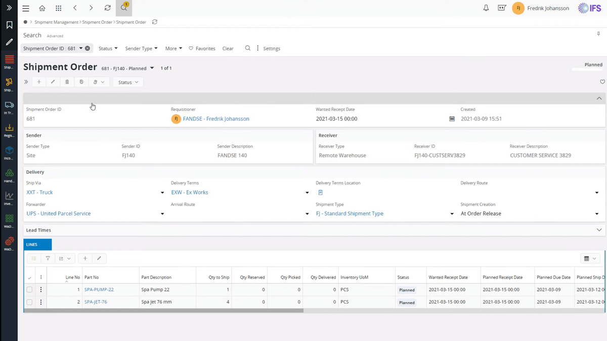 IFS Cloud shipment order screen showing sender, receiver, and delivery detail lines