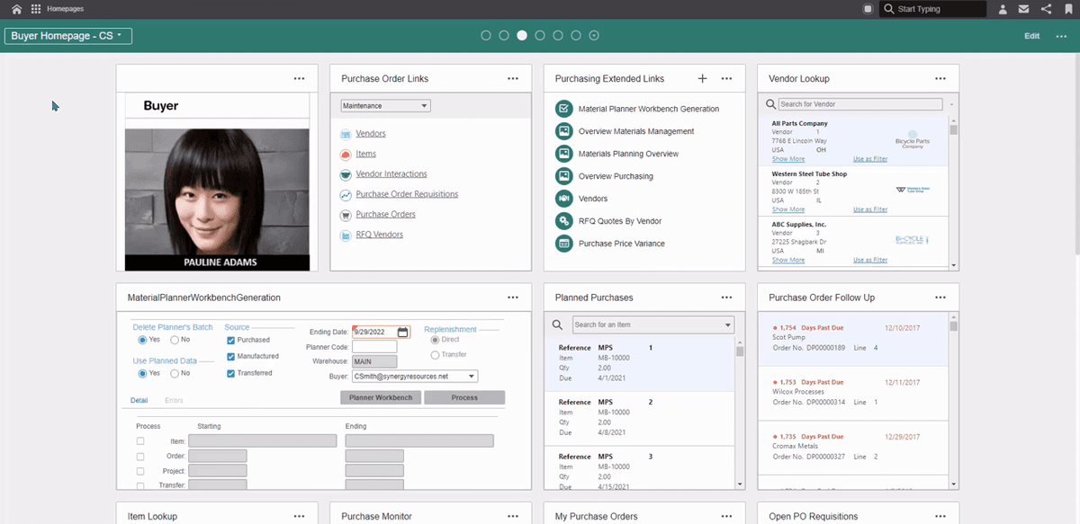 Infor CloudSuite Industrial (SyteLine) Buyer Homepage with vendor lookup and purchase order links