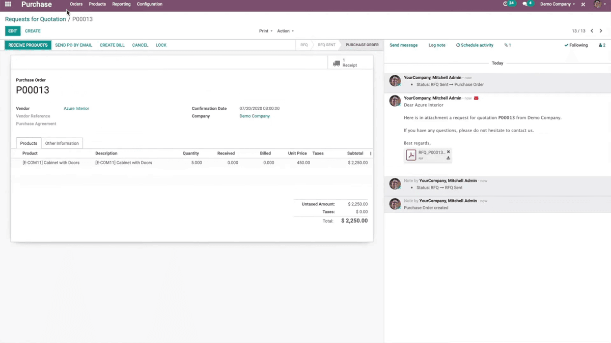 Odoo purchase order screen showing vendor, RFQ status, and product line items