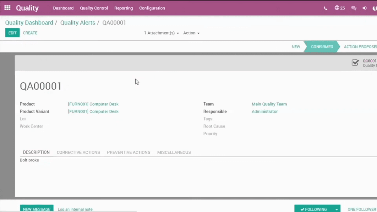 Odoo quality alert form tracking a confirmed product defect with root cause fields