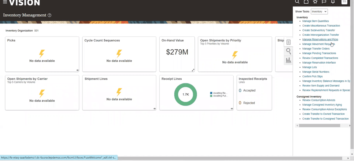Oracle Fusion Cloud ERP Inventory Management overview dashboard with on-hand value and receipt lines