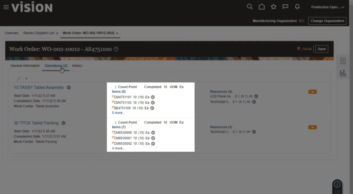 Oracle Fusion Cloud ERP Manufacturing work order screen showing operations and completed quantities