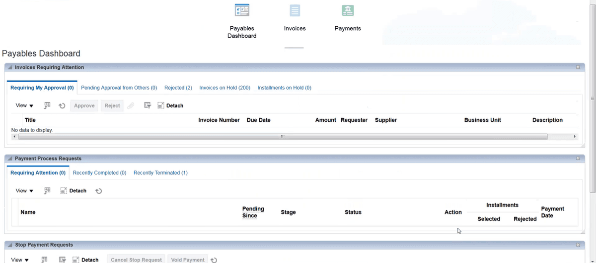 Oracle Fusion Cloud ERP Payables Dashboard showing invoices requiring attention and payment process requests