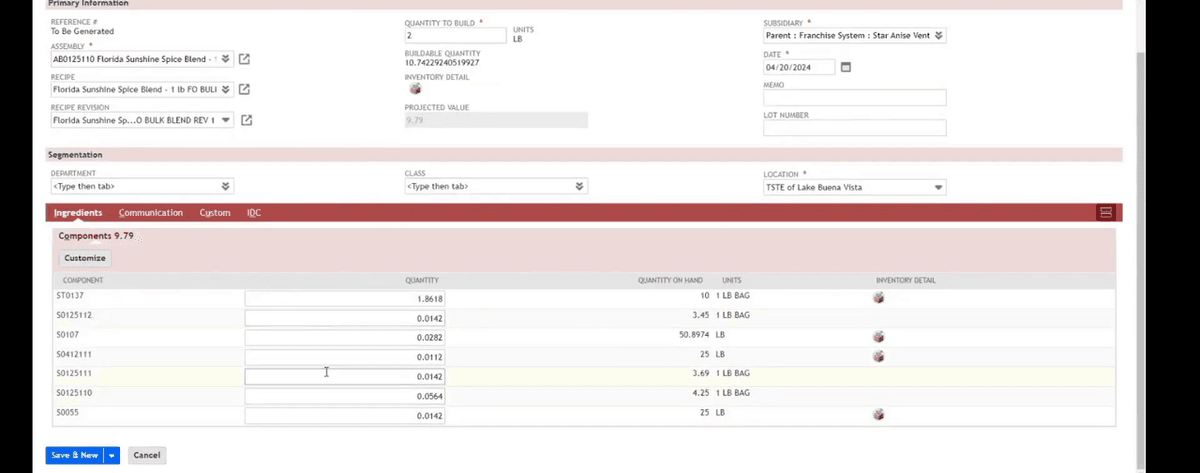 Oracle NetSuite assembly build screen listing component ingredients and quantities