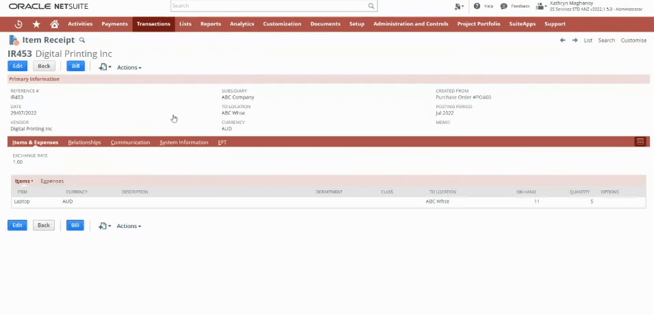 Oracle NetSuite item receipt screen showing received quantities against a purchase order