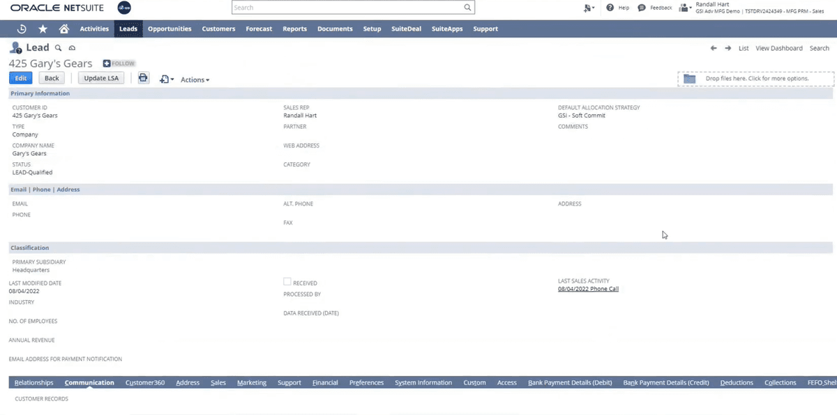 Oracle NetSuite CRM lead record showing company details and sales rep assignment