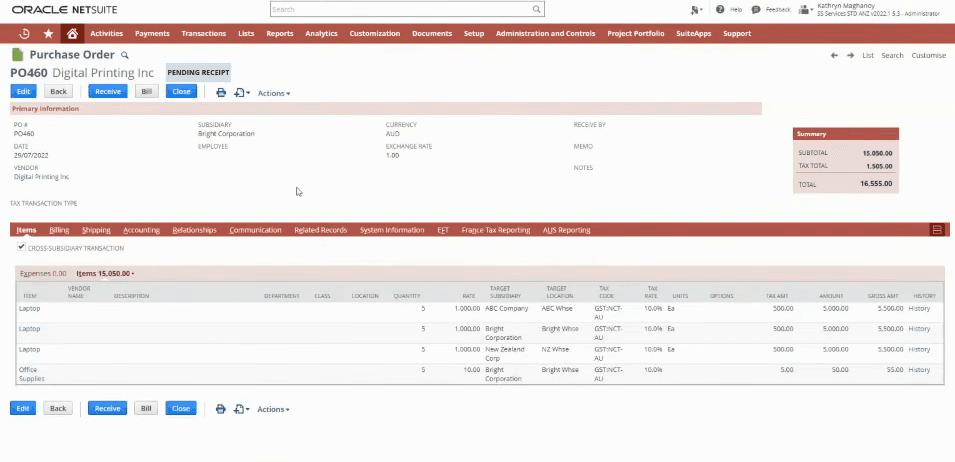 Oracle NetSuite purchase order transaction screen with line items and vendor tax summary