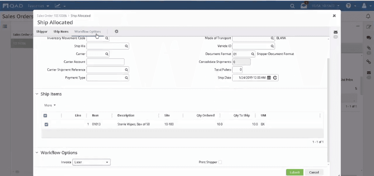 QAD Adaptive ERP Ship Allocated dialog showing shipper, carrier, and ship items workflow