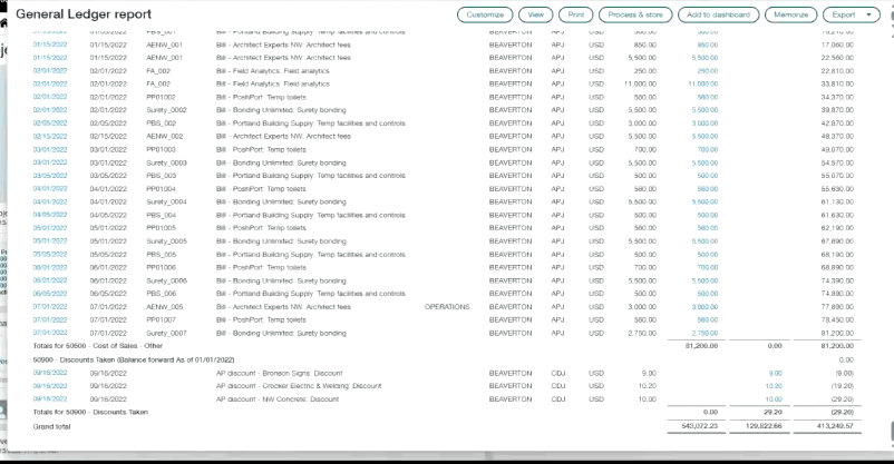 Sage Intacct general ledger report listing journal entries by bill and account