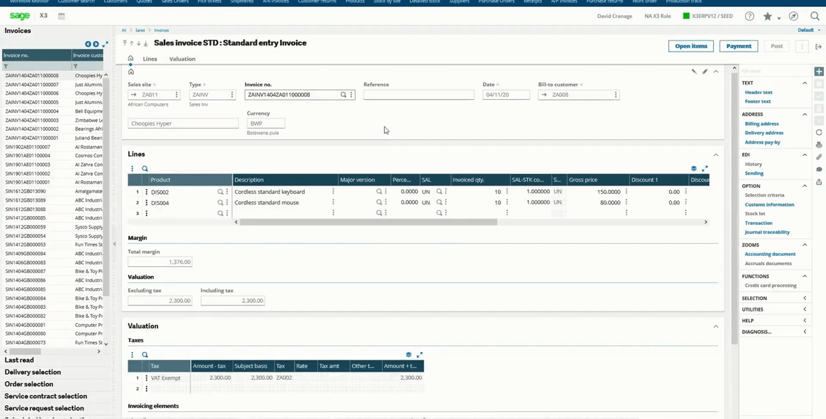 Sage X3 sales invoice standard entry screen listing invoice lines, margin, and tax valuation