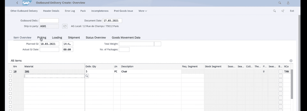 SAP S/4HANA Private Cloud (on-premise edition) Fiori outbound delivery creation with item overview