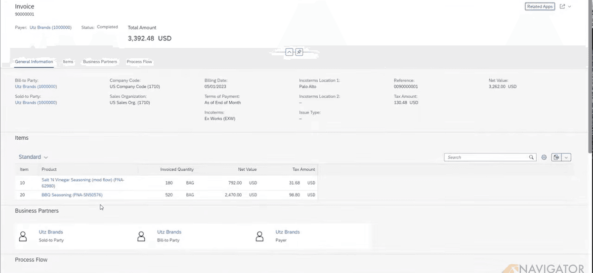 SAP S/4HANA Public Cloud billing document screen showing invoice items and business partners