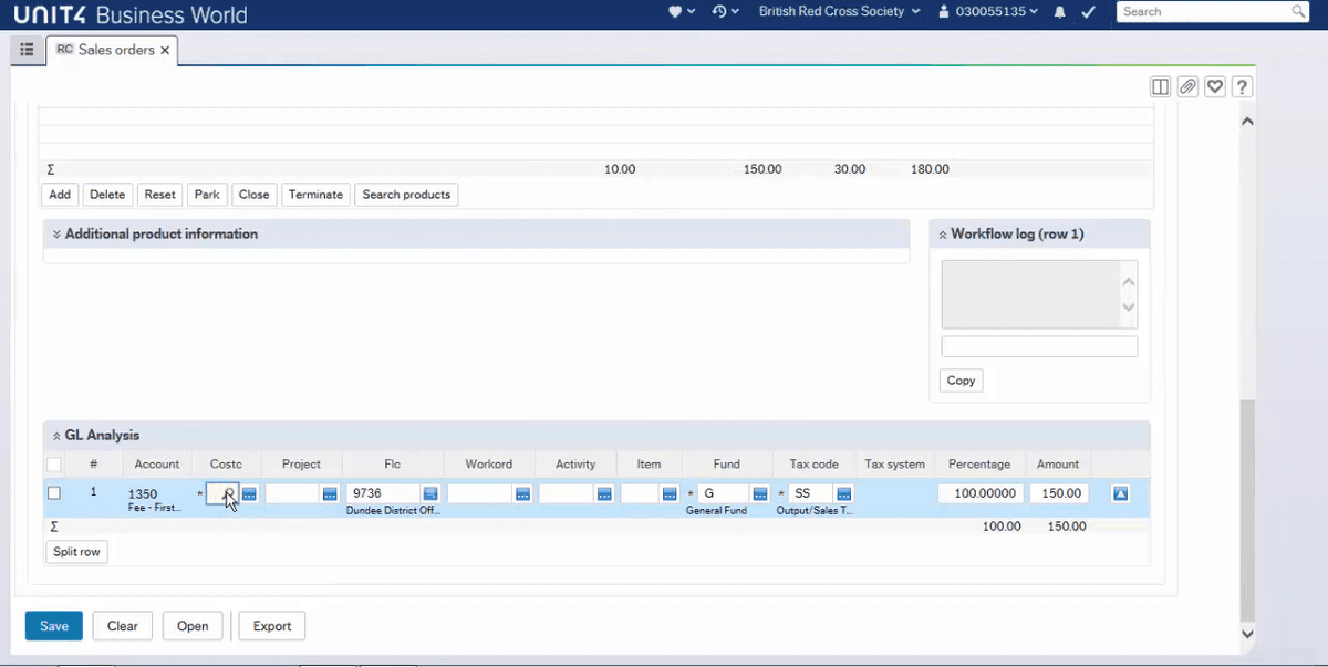 Unit4 Business World GL Analysis grid for coding sales order account and cost centre