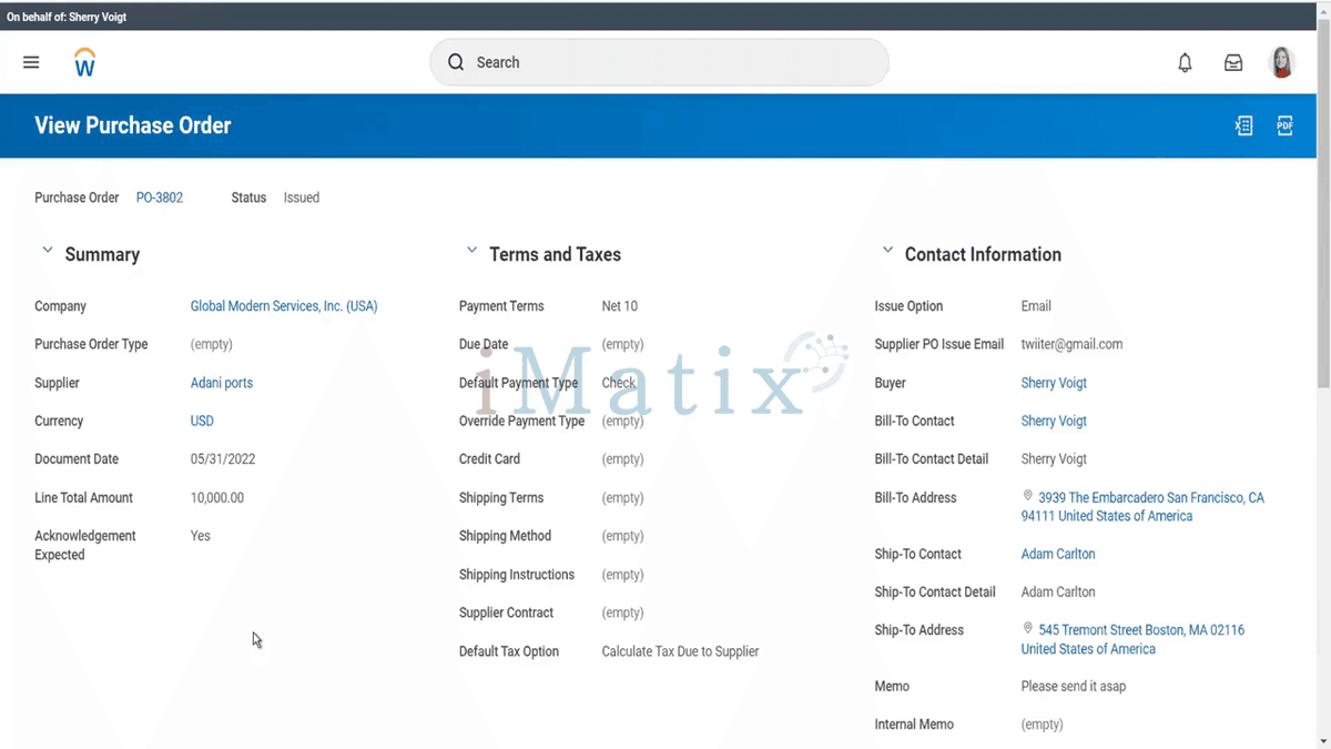 Workday Financial Management purchase order detail page showing summary, terms, taxes, and contact information