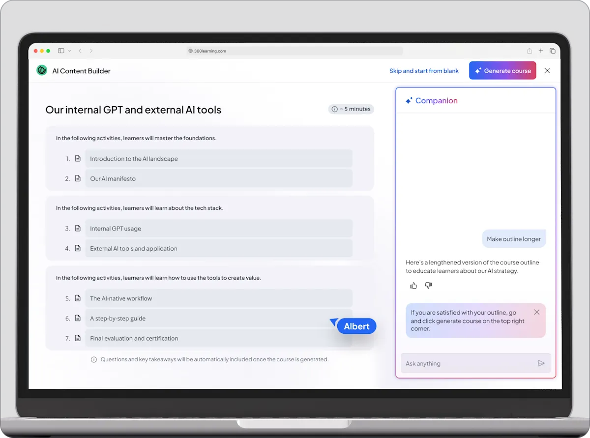 AI Content Builder generating a course outline with the AI Companion panel open