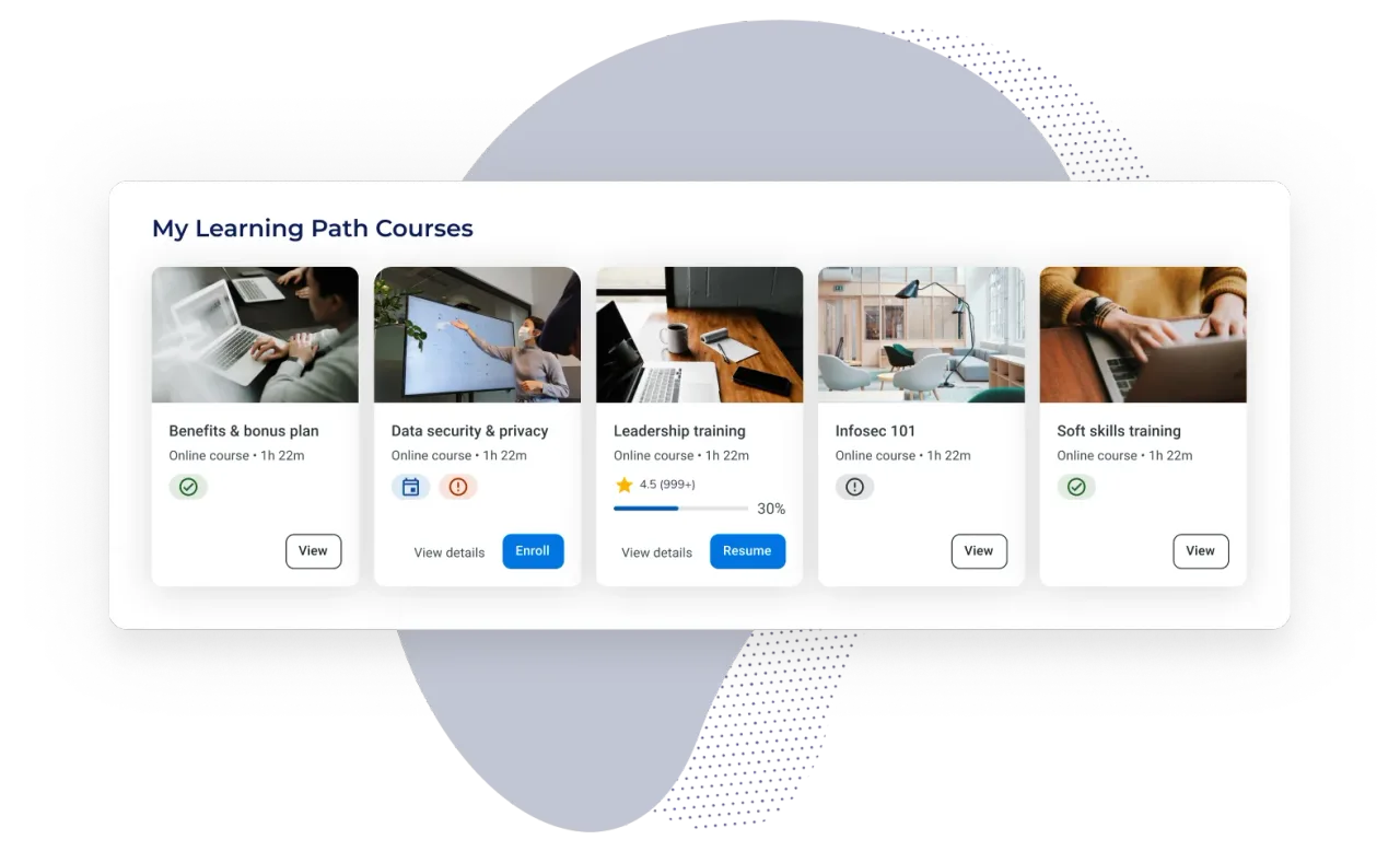 Learner-facing "My Learning Path Courses" dashboard with progress and status indicators