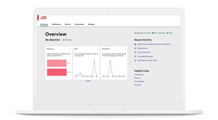 HR administrator dashboard showing headcount, hiring, terminations and alerts