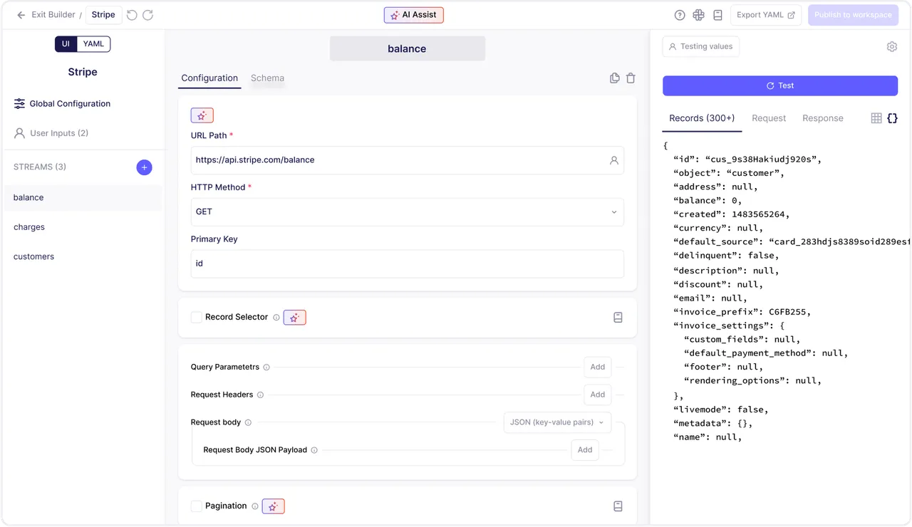 No-code Connector Builder configuring a Stripe API stream with live response preview