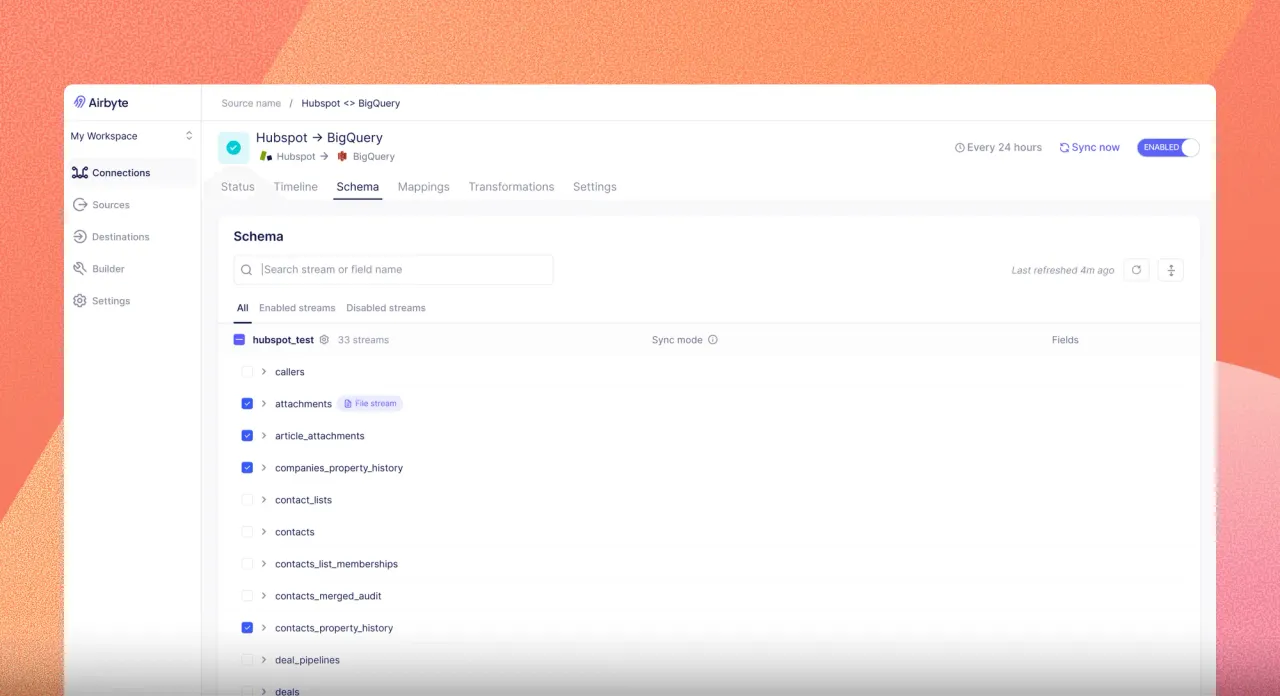 Connection schema view showing enabled sync streams for a Hubspot to BigQuery pipeline