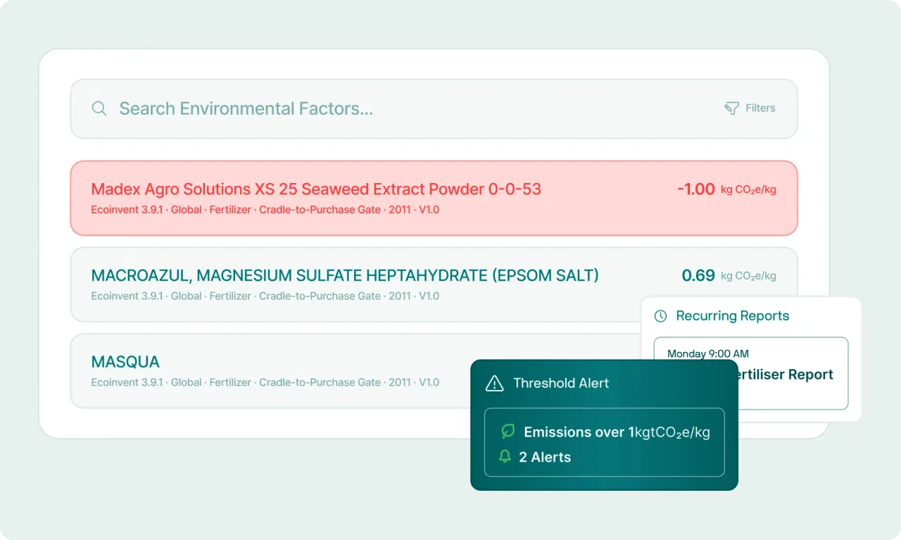 Emissions factor search with threshold alerts