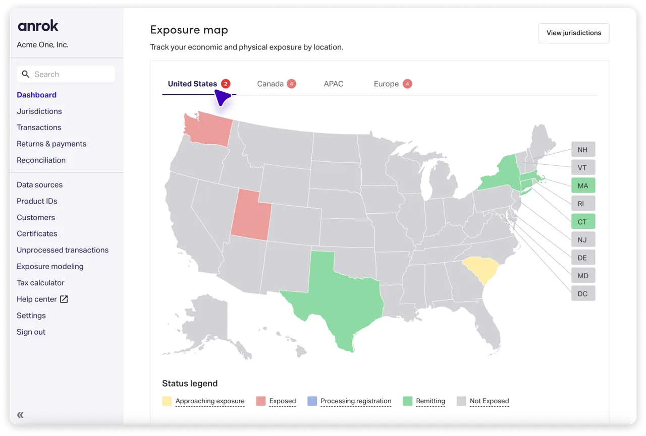 Anrok exposure map tracking economic and physical tax exposure by location