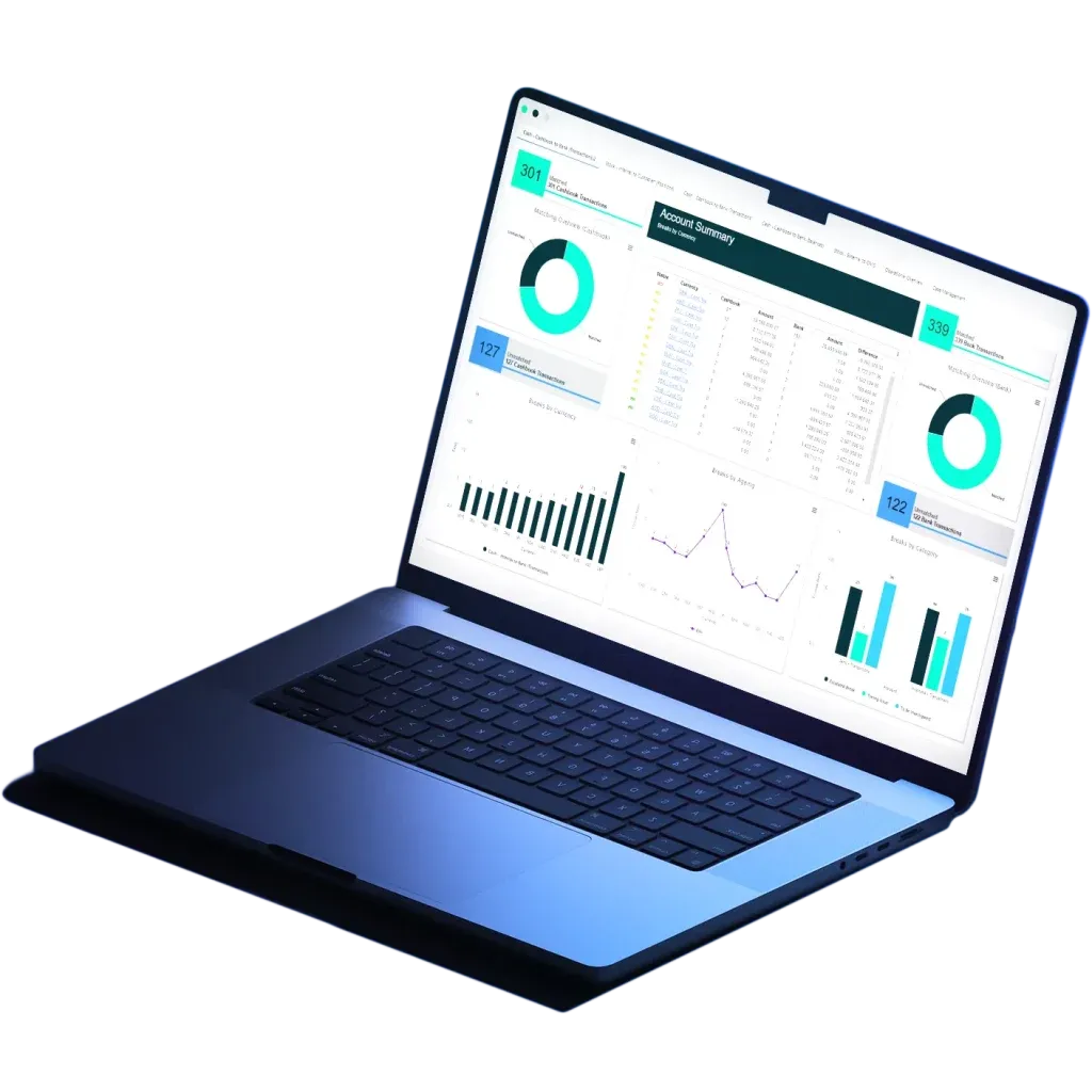 Account Summary reconciliation dashboard with matching outcomes, breaks by currency and breaks by ageing