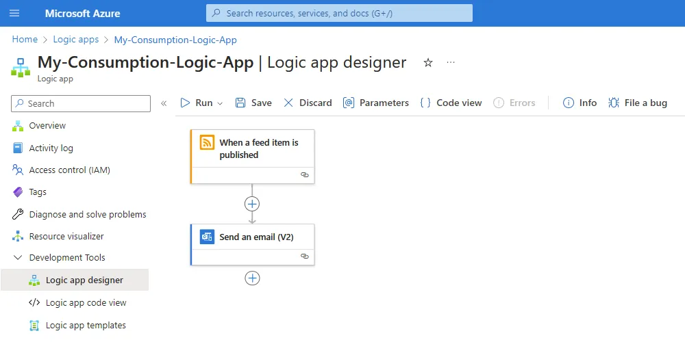 Azure portal Logic App designer showing an RSS trigger connected to a Send an email action