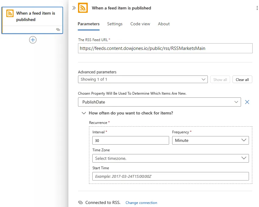 Logic Apps designer RSS trigger parameters and recurrence settings panel