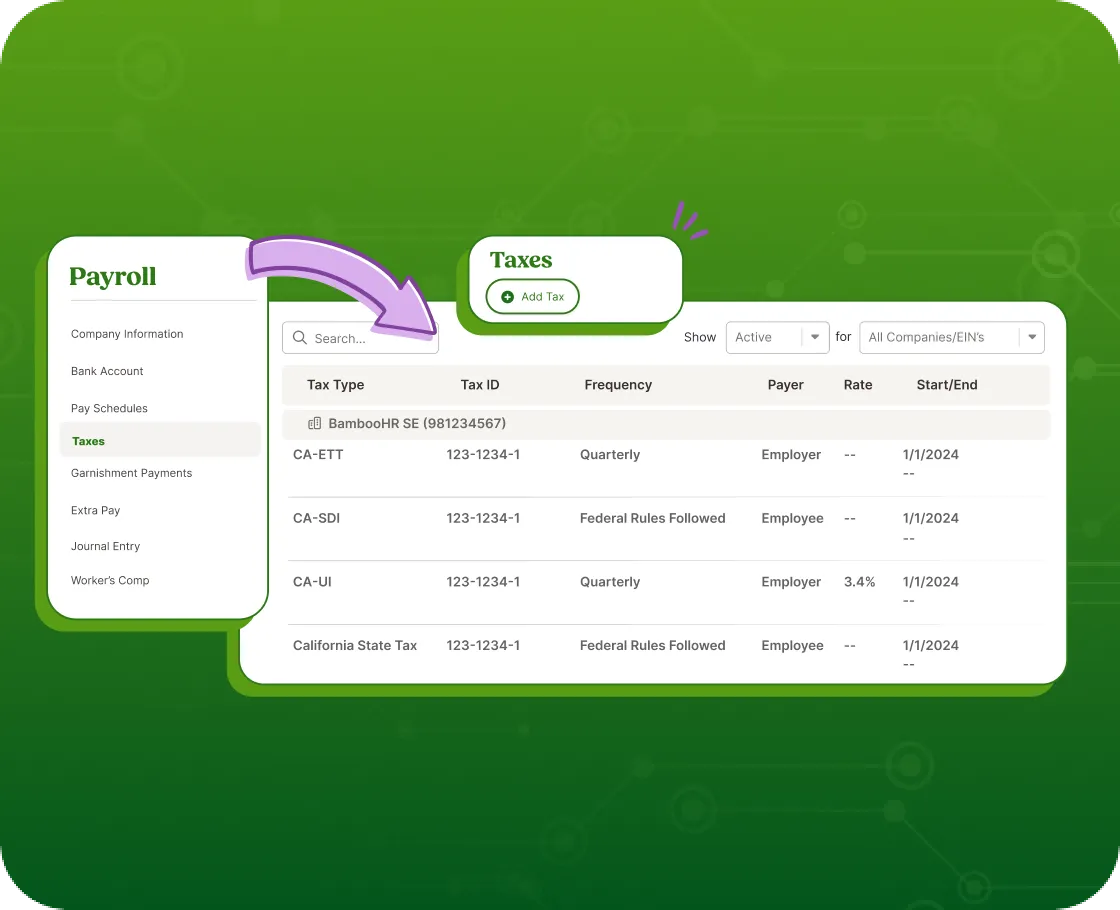 Payroll tax configuration screen listing state and federal tax types