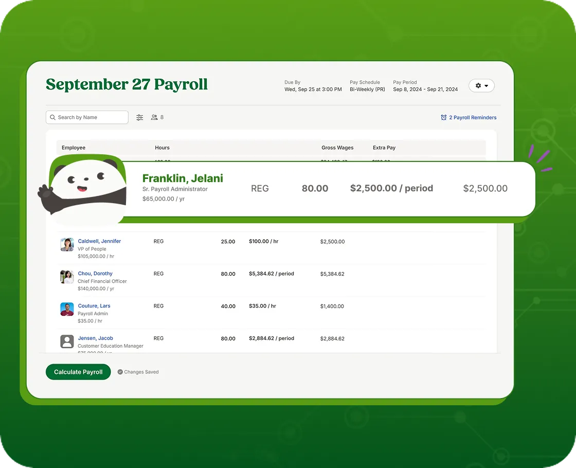 Payroll run screen showing employee hours, wages and gross pay