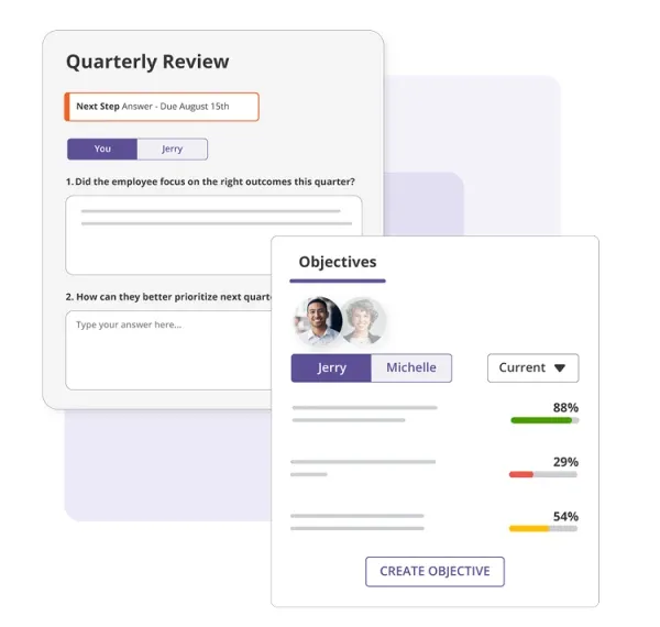 Quarterly review conversation panel next to an objectives progress card