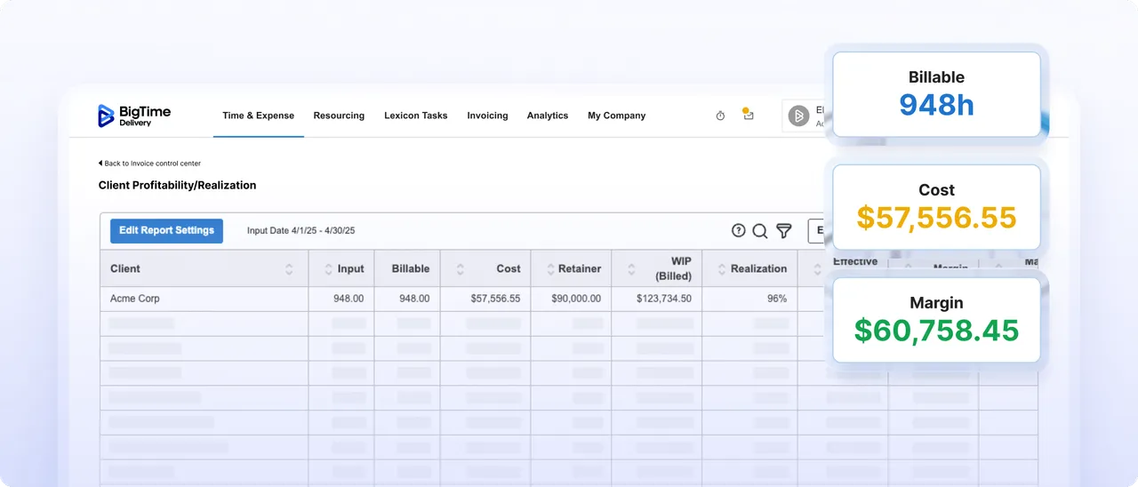 Client profitability reporting view
