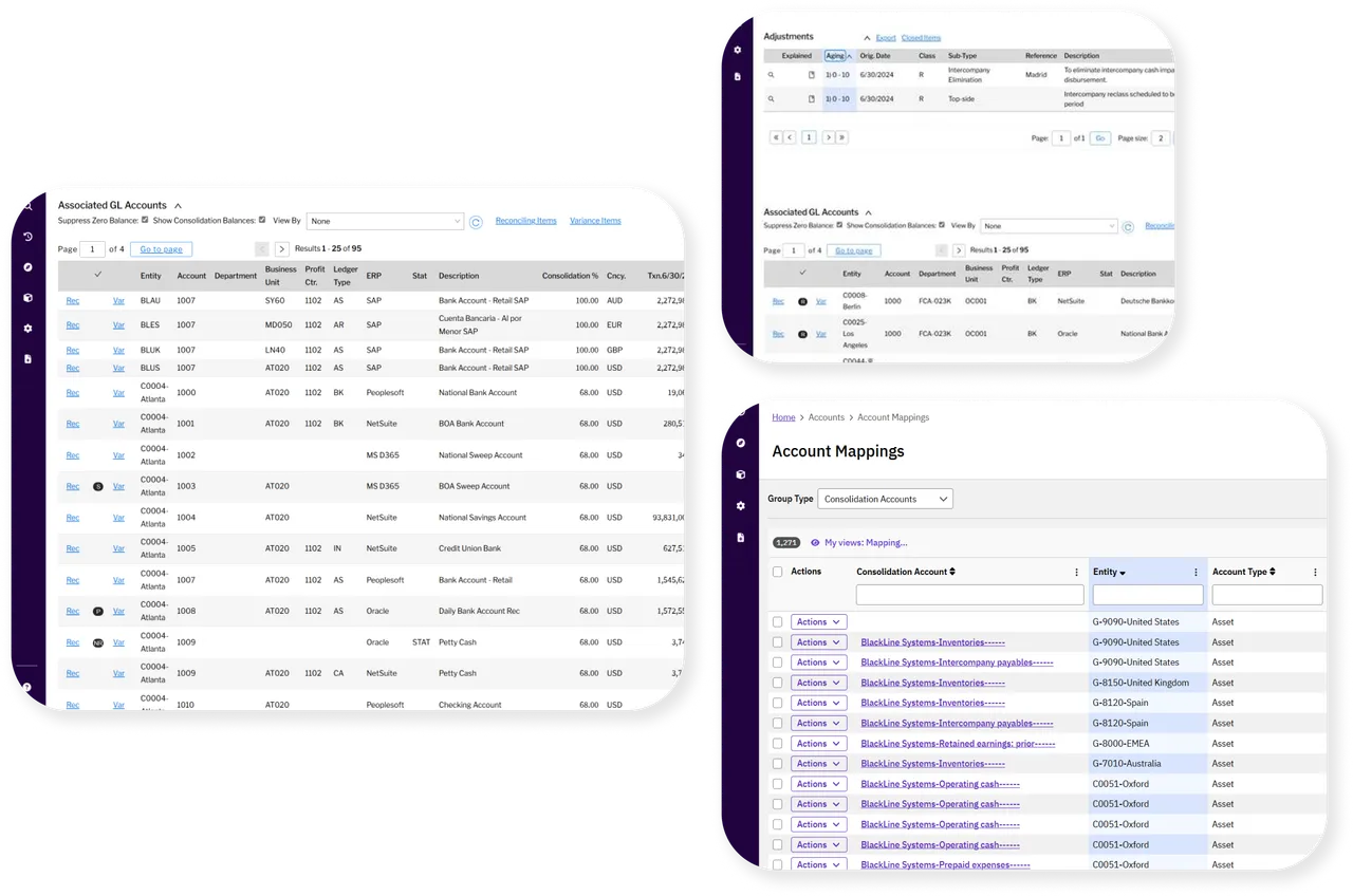 Consolidation account mappings across SAP, NetSuite, Oracle, and PeopleSoft entities