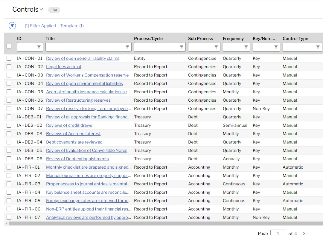 Control matrix listing controls by process/cycle, frequency and control type