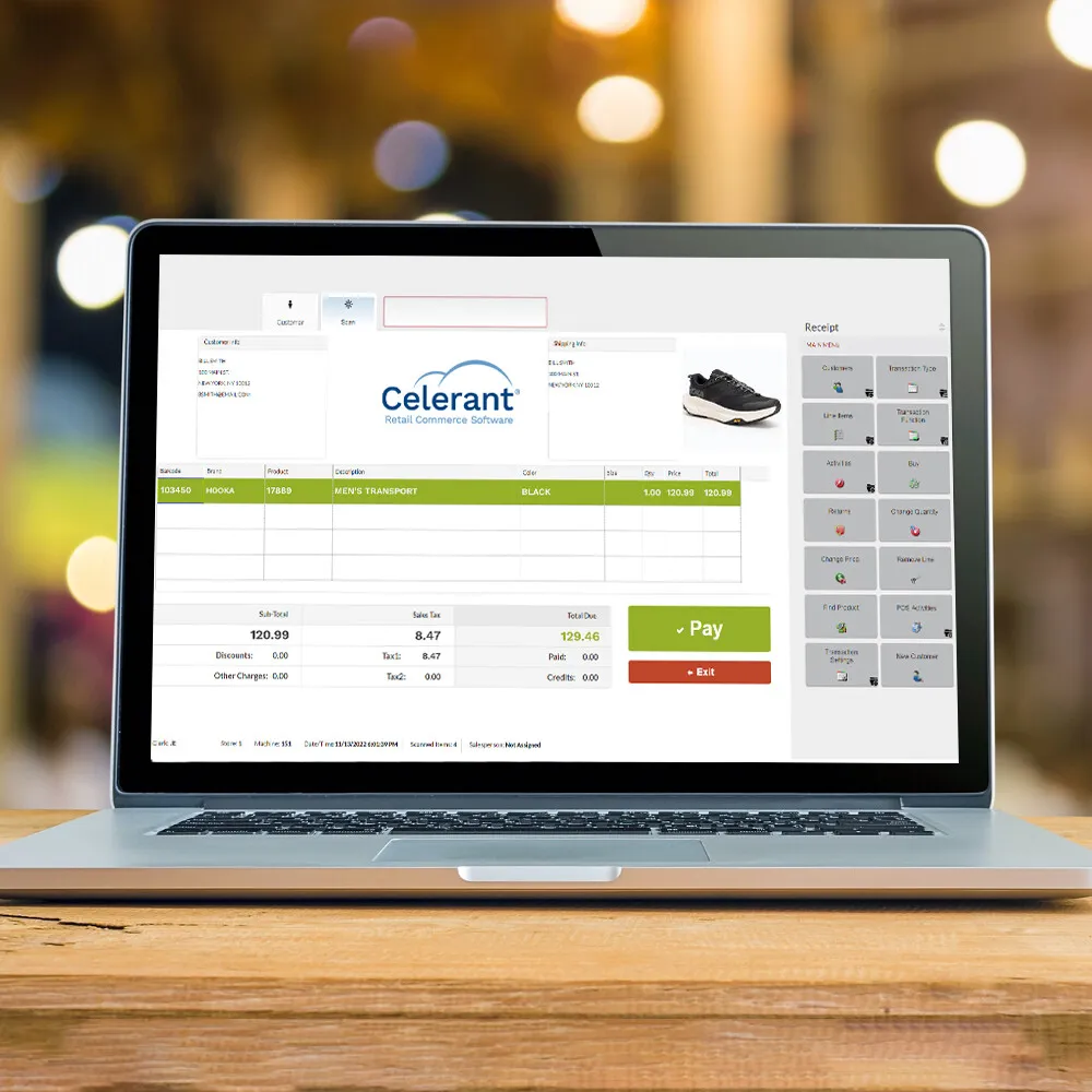 Customizable POS transaction screen with scan field, receipt panel and function shortcuts