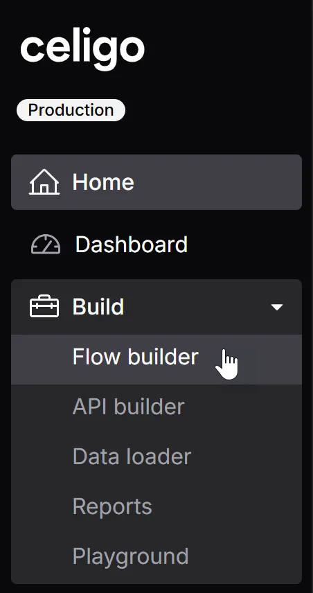 Celigo integrator.io left navigation — Flow builder, API builder, Data loader