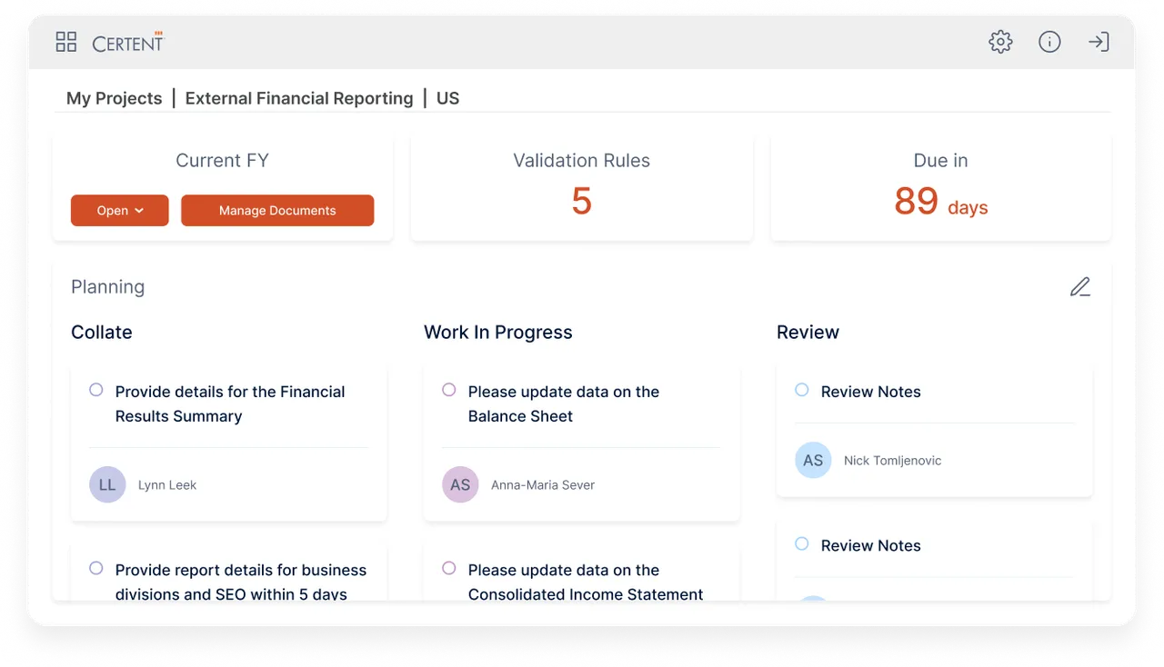 Certent Disclosure Management project dashboard showing report status, validation rules and due dates