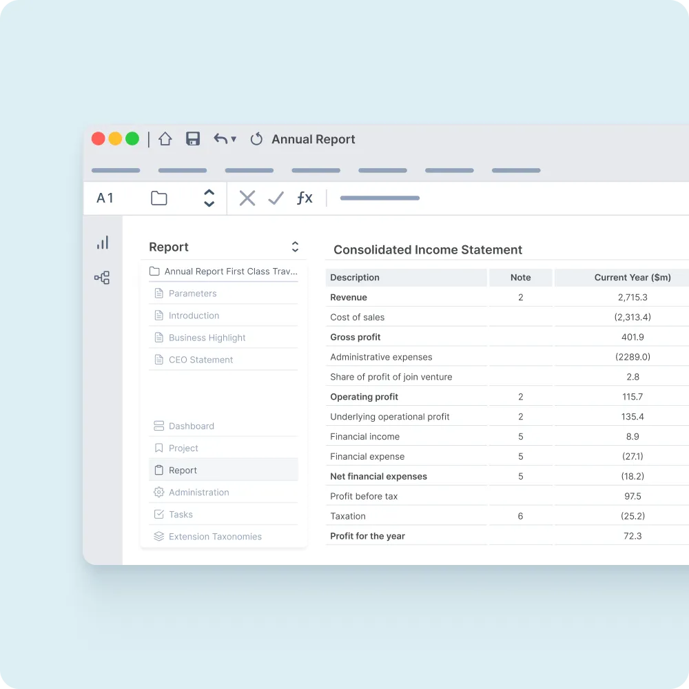 Live-linked consolidated income statement inside a Word-based annual report