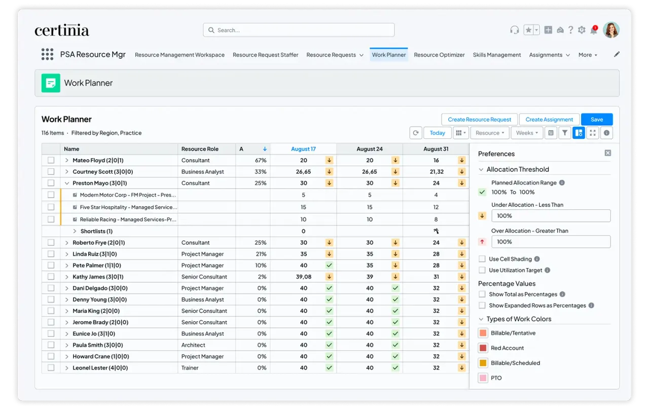 List view of the Certinia PSA resource management work planner
