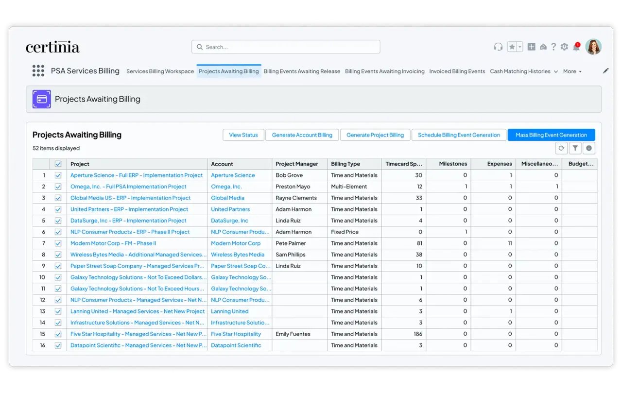 Services Billing dashboard showing projects awaiting billing