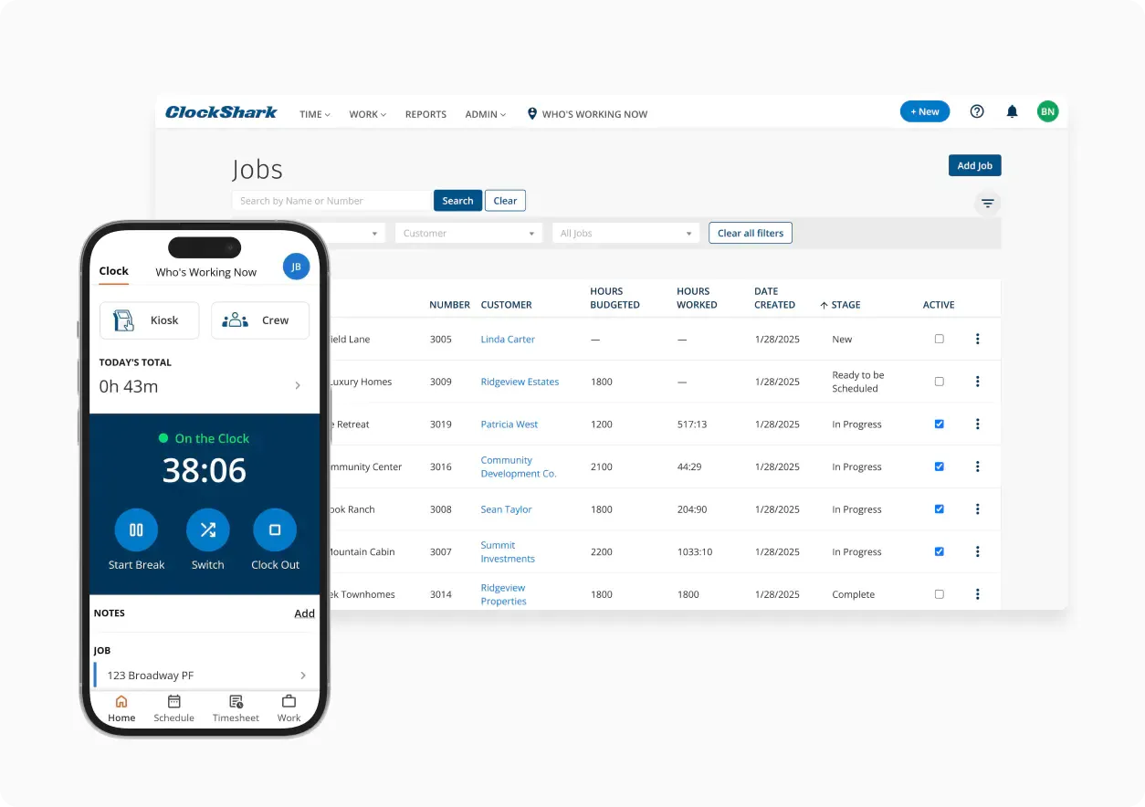 Jobs list dashboard alongside the mobile clock-in/clock-out timer