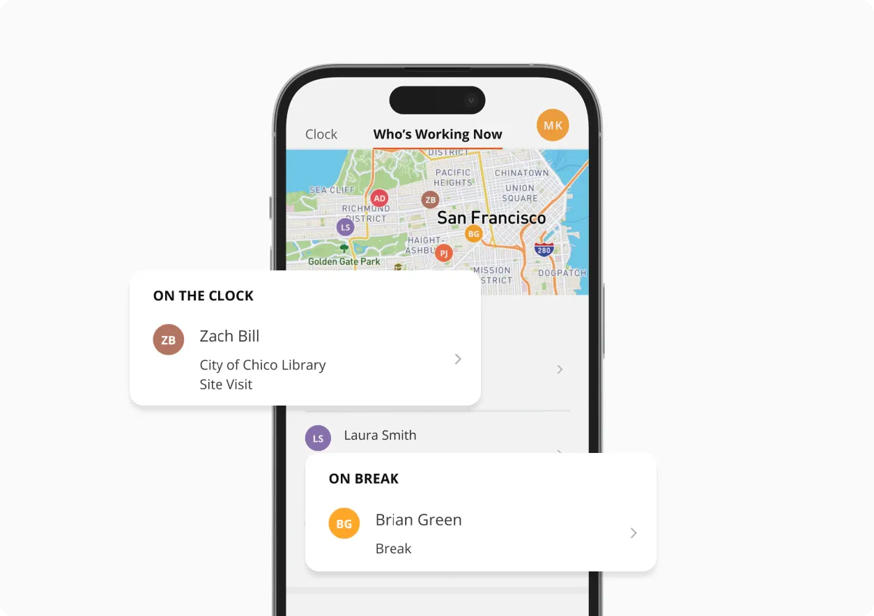 Who's Working Now mobile map view showing crew clock status by location
