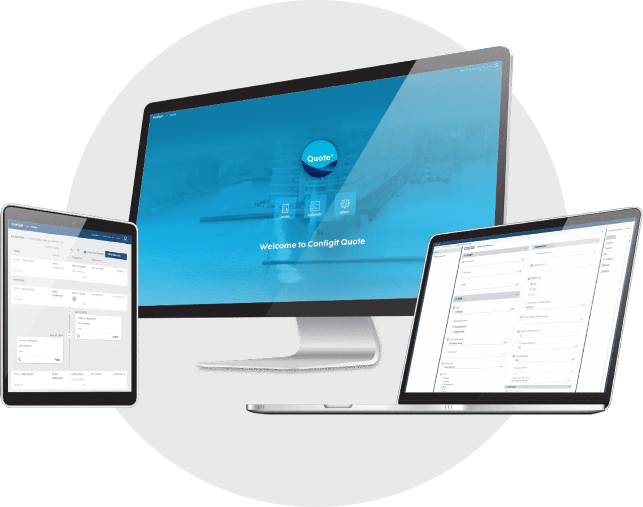 Configit Quote configuration and quoting interface shown across desktop, tablet and laptop