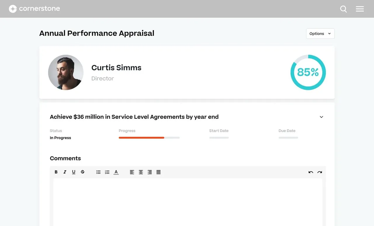 Annual performance appraisal with goal progress and comments