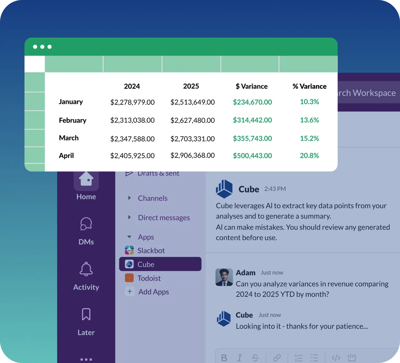 Cube AI agent answering a variance question inside Slack