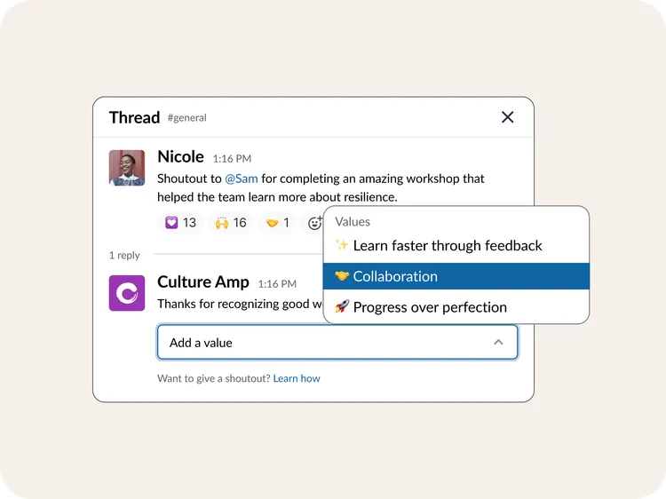 Shoutouts peer-recognition thread with company Values tagging, surfaced in Slack